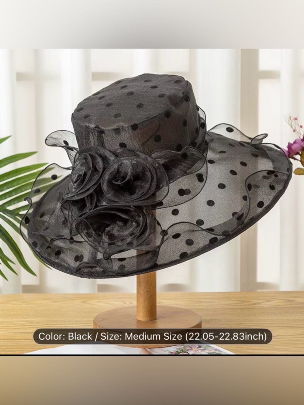Black Polka Dot Organza Flower Wide-Brim Hat